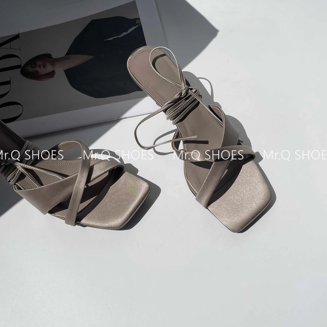 34-40码/跟高5cm/黑棕灰/方头交叉凉拖绸缎系绳露趾高跟鞋