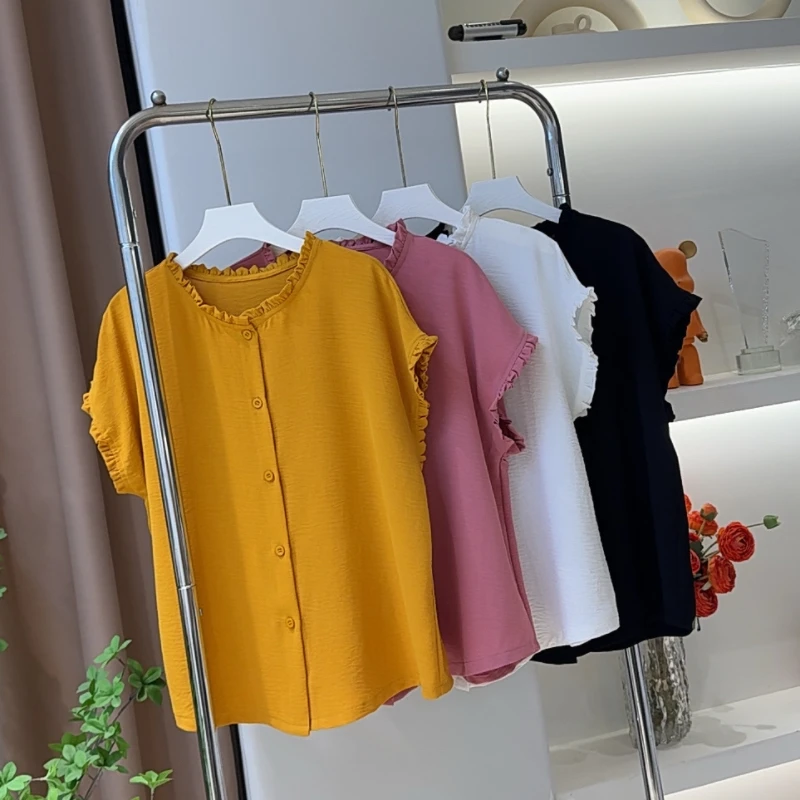 2004木耳边短袖衬衫夏季新款时尚休闲减龄宽松显瘦洋气百搭上衣女