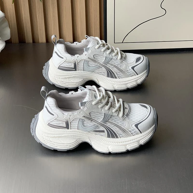 网面透气厚底小白鞋女2025夏季新款百搭增高老爹鞋系带休闲运动鞋