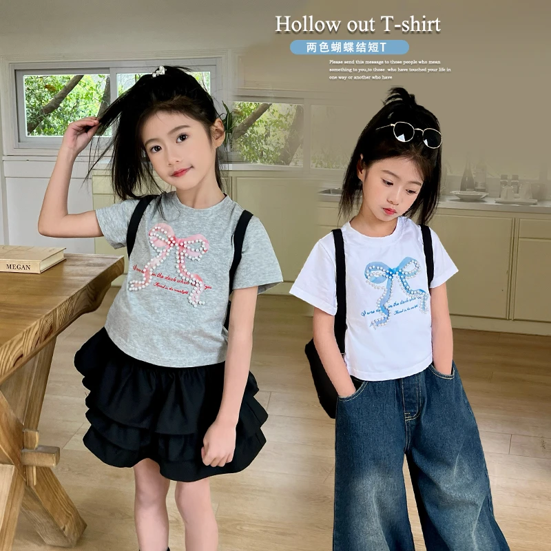 【断码清】女童短袖T恤夏季2025新款小女孩洋气珍珠蝴蝶结上衣潮
