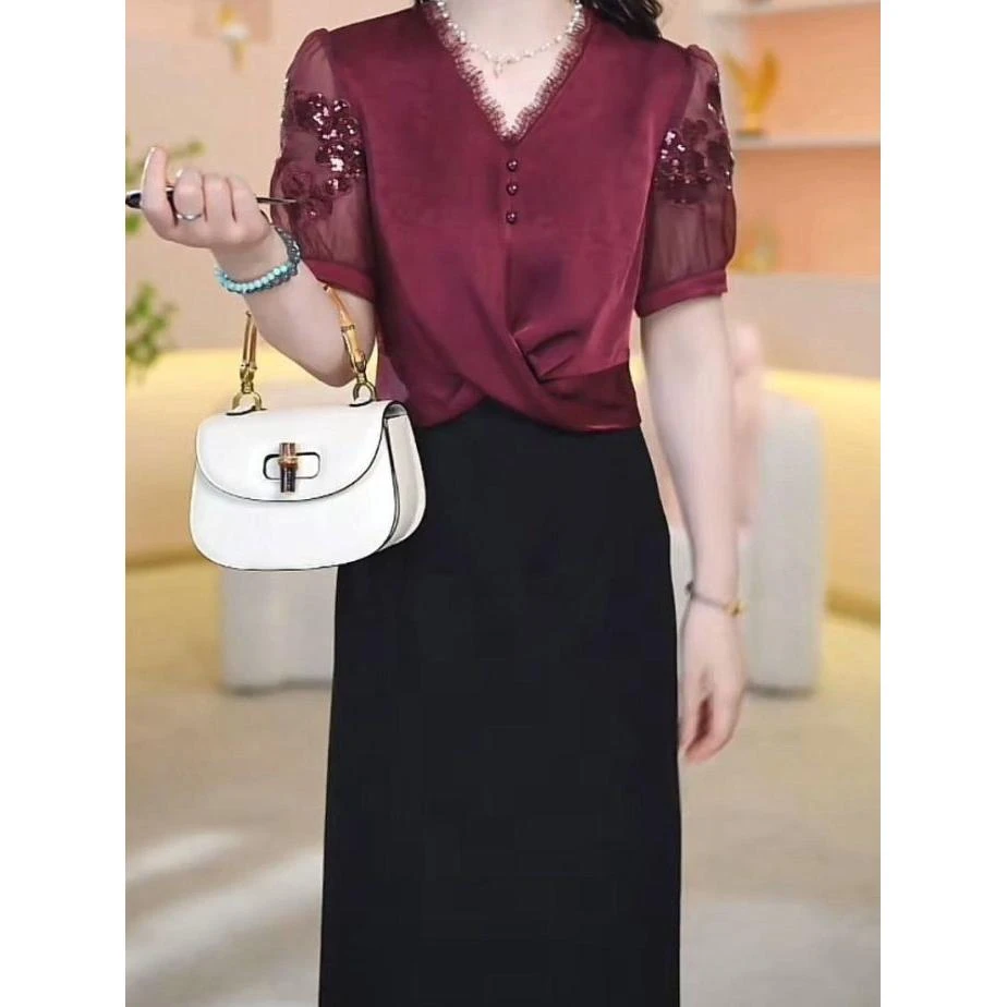 冰丝缎连衣裙2025夏季新款时尚气质优雅显瘦遮肉刺绣轻奢礼服裙子