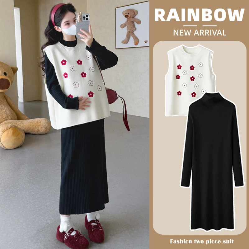 孕妇套装秋冬新款洋气时尚宽松花朵针织毛衣马甲显瘦半高领连衣裙
