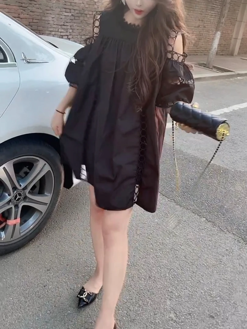 夏季新款镂空时尚洋气减龄连衣裙薄款透气凉快黑色显瘦宽松裙子