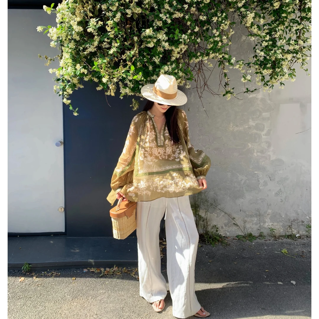 【苎麻】25夏季/波西米亚绮梦重工度假拼接蕾丝圆领上衣女衬衫