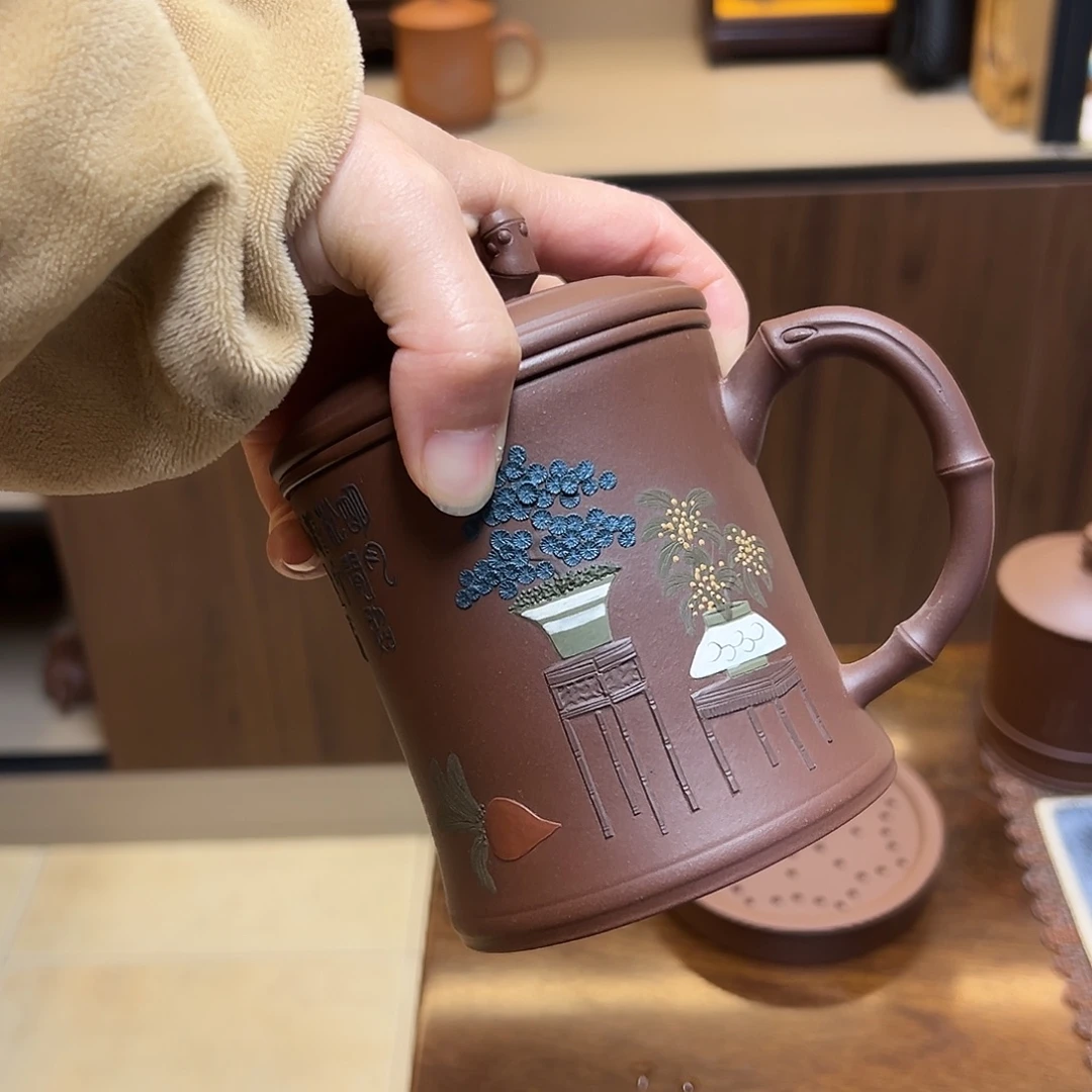 茶杯紫砂紫泥泥绘盖杯