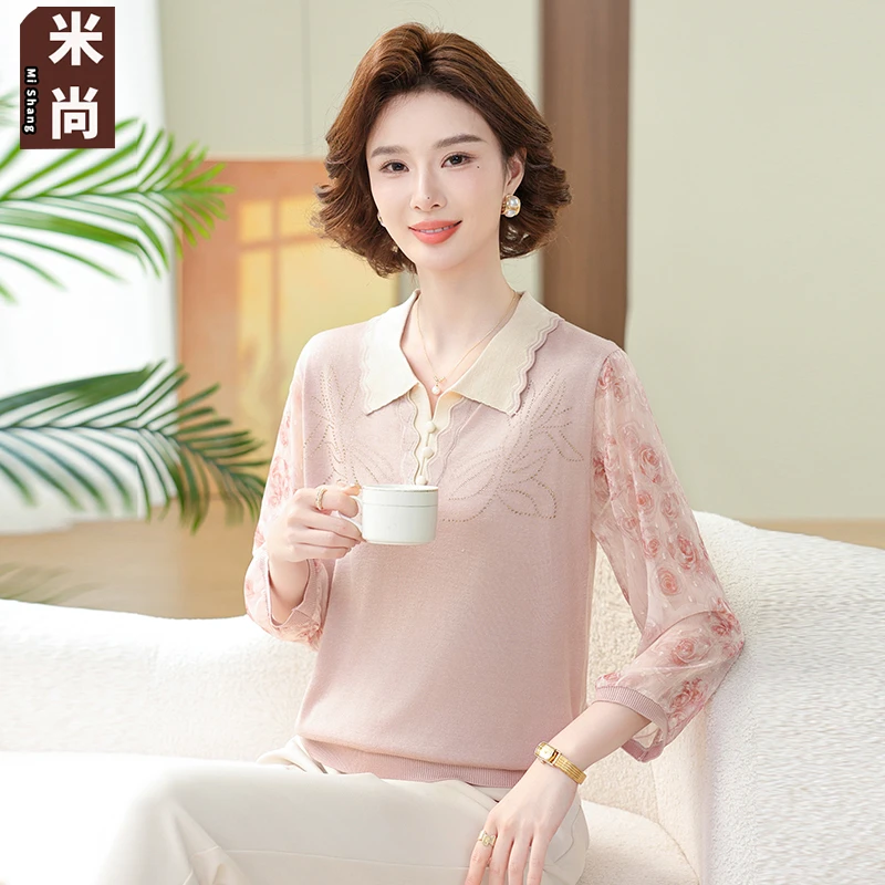 中年妈妈春装翻领纱袖针织小衫中老年女新款七分袖T恤减龄打底衫
