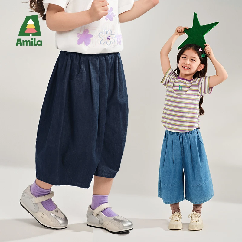 Amila啊咪啦2025夏季新款软牛仔中性阔腿七分裤牛仔裤ZX5NZ124