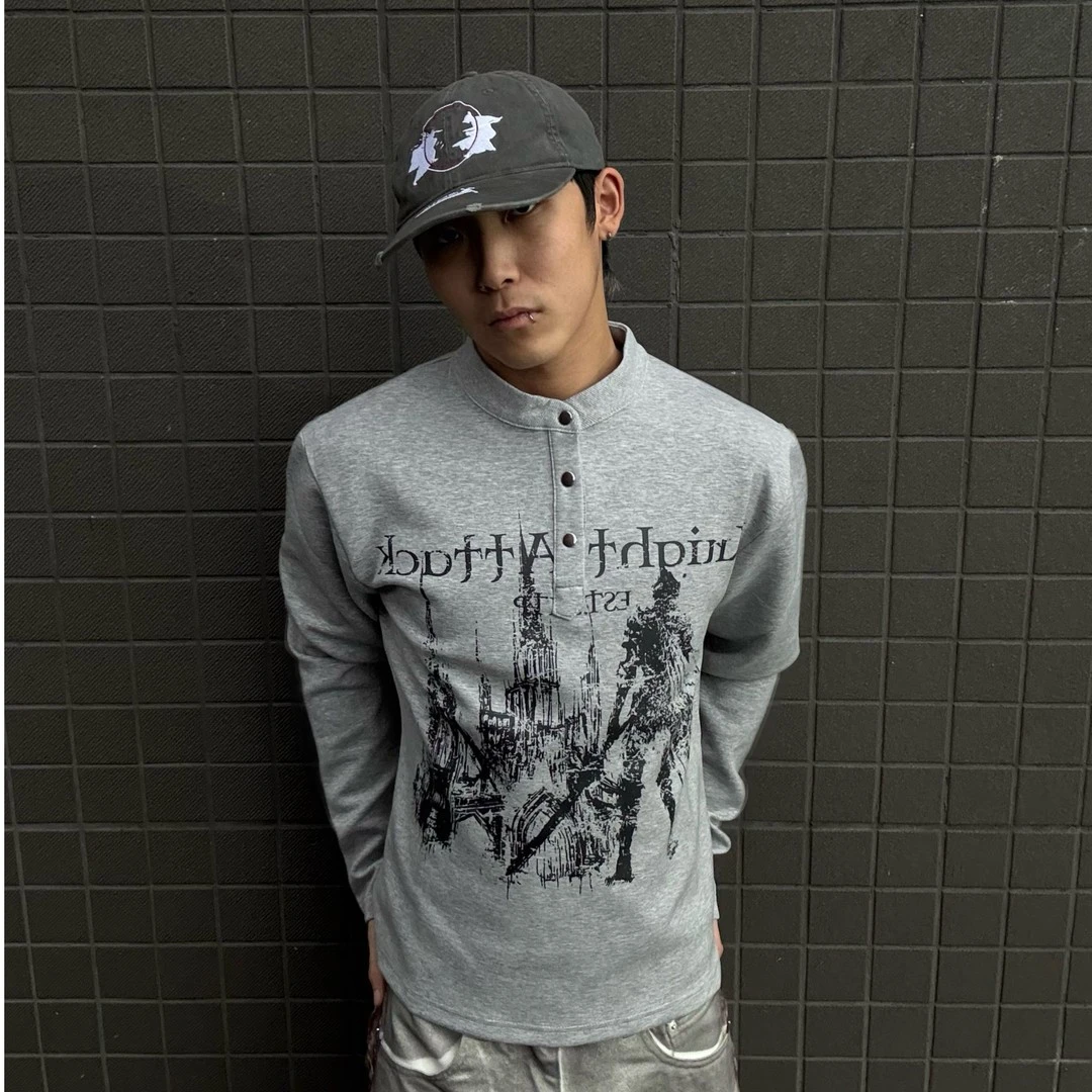 原创“凯旋骑士”360g特风印花正肩领长袖t恤男款早秋长袖美式长袖