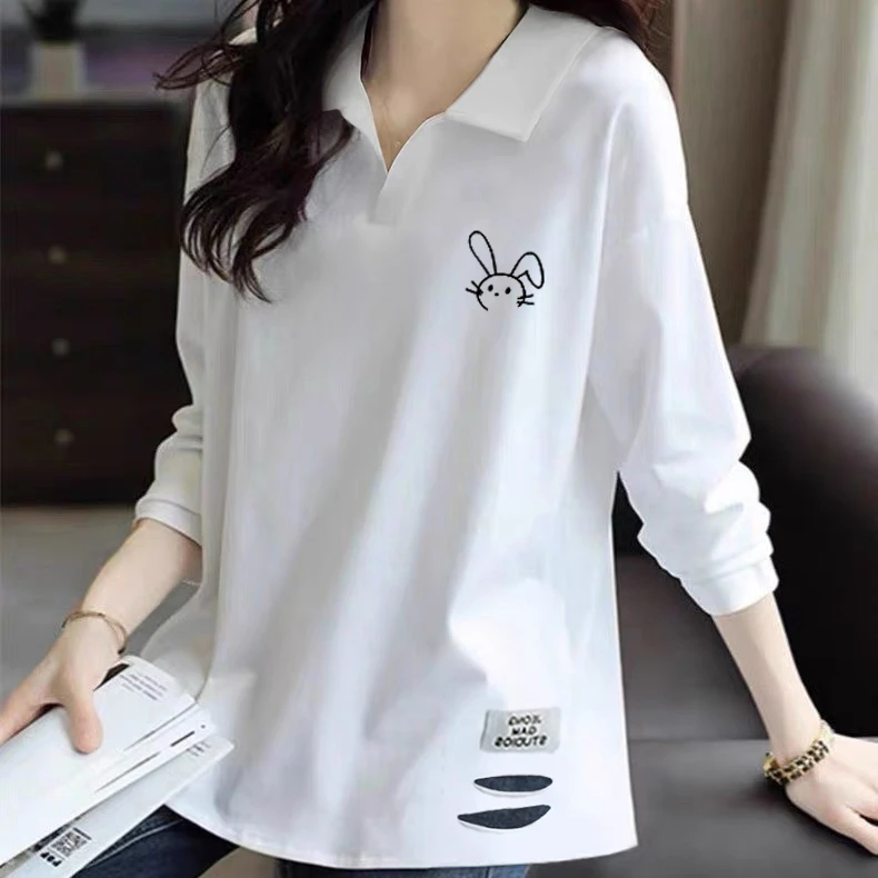 秋季白色长袖t恤可外穿百搭哈伦裤专用上衣POLO领减龄打底衫女士