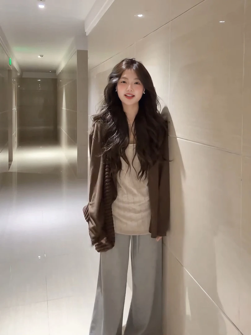 2025秋季慵懒感新款针织开衫上衣打底衫高腰休闲阔腿裤时尚三件套