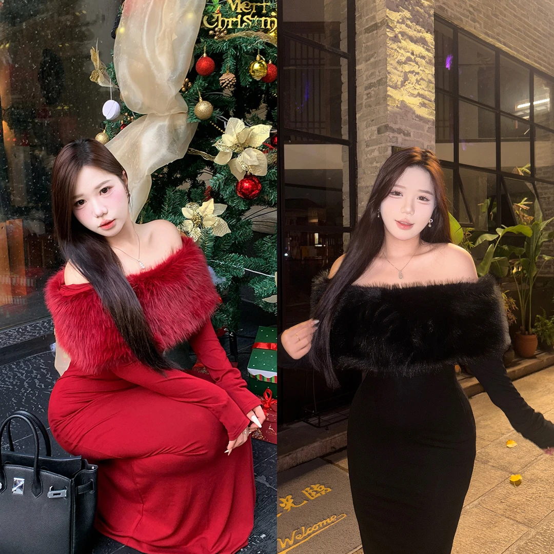 佳佳【丝绒圣诞】微胖大码红色毛毛领可拆性感一字肩修身包臀连衣裙