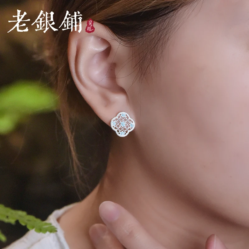 吴越老银铺 足银珐琅耳饰 足银游园梦耳钉气质新中式银耳钉国风