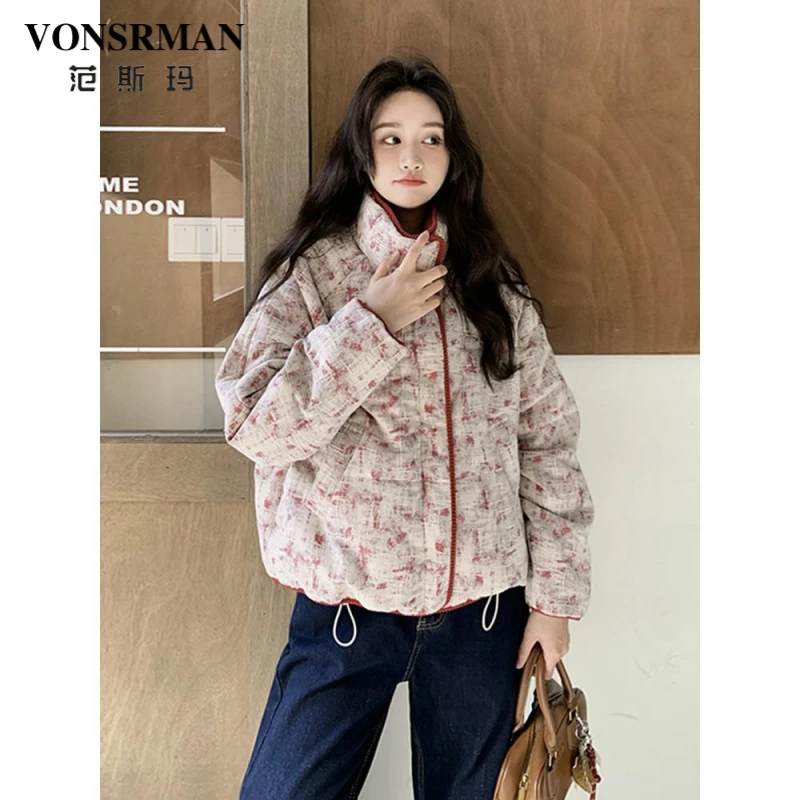 红色小香风羽绒服女冬季新款洋气减龄立领宽松保暖白鸭绒面包服潮
