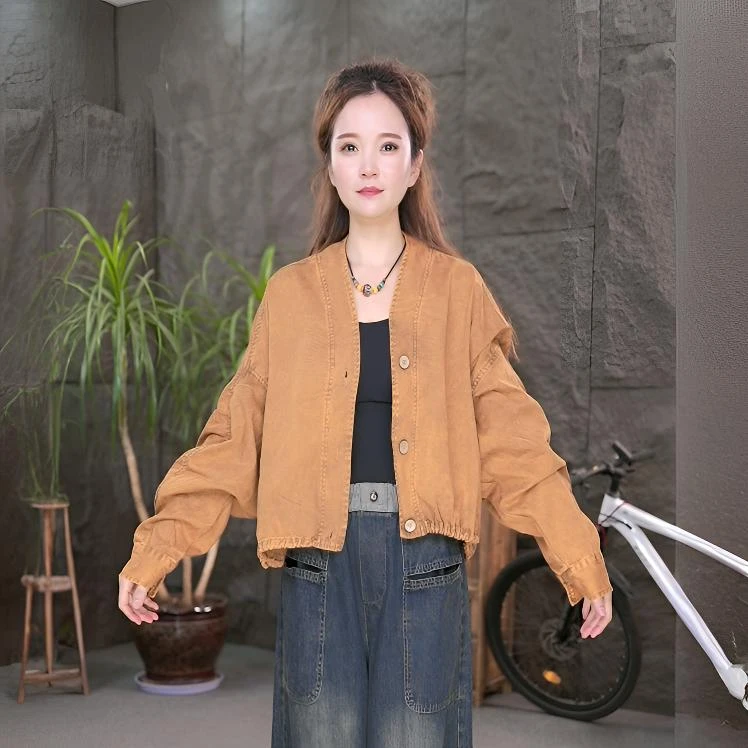 【百搭开衫外套】做旧短款上衣2025新款女装长袖短外套女