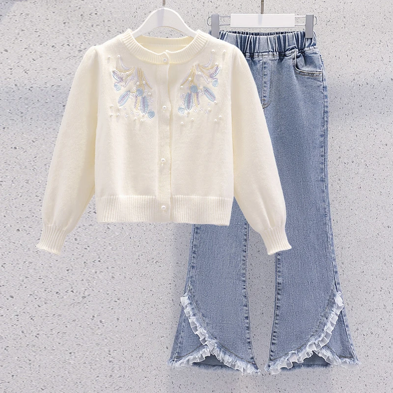 女童毛衣开衫秋装2025新款套装儿童装秋季牛仔喇叭裤子两件套春秋