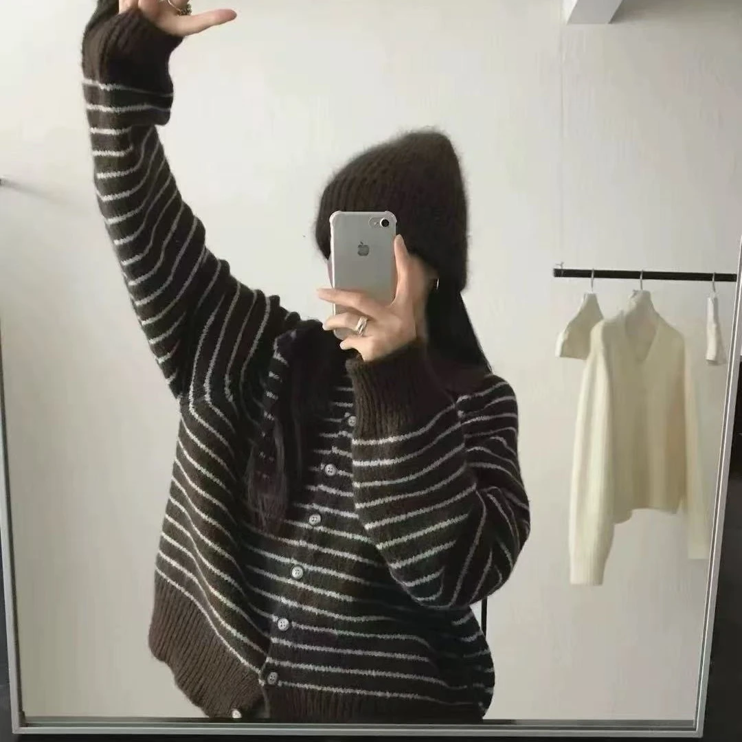韩版翻领撞色条纹开衫