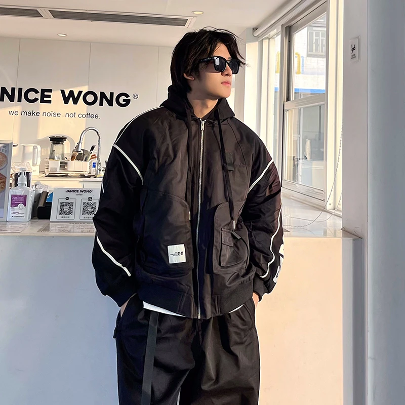 春秋新款棉衣美式复古连帽潮牌工装夹克棉服外套宽松休闲多口袋男