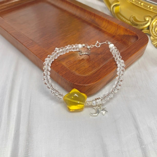 天然琥珀星星双A白水晶切面手链 D052