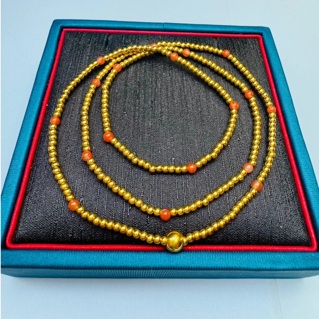 40#足金999 黄金 三圈叠戴金珠搭配、南红珠 配饰