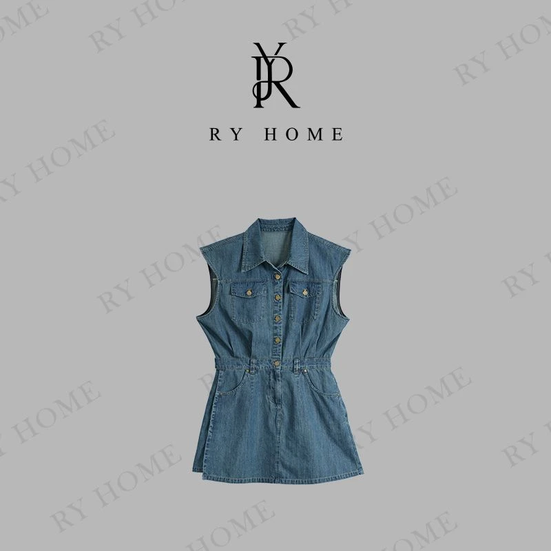 【容雨RYHOME】设计款翻领无袖牛仔连衣裙252L1459