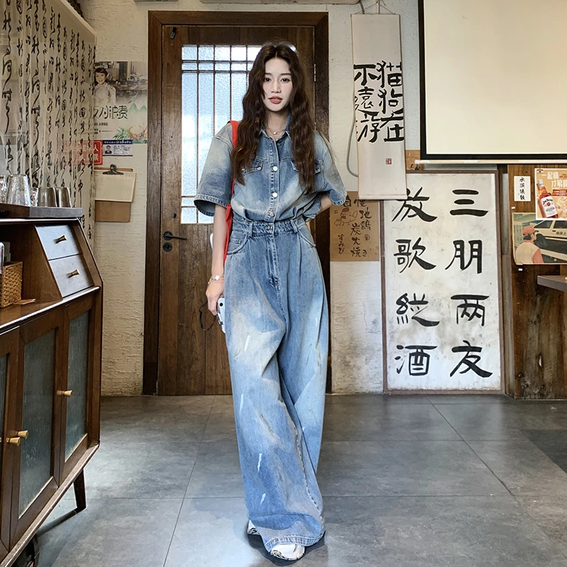 蓝色韩系气质做旧复古牛仔连体裤女2025夏季新款一体式酷飒连衣裤