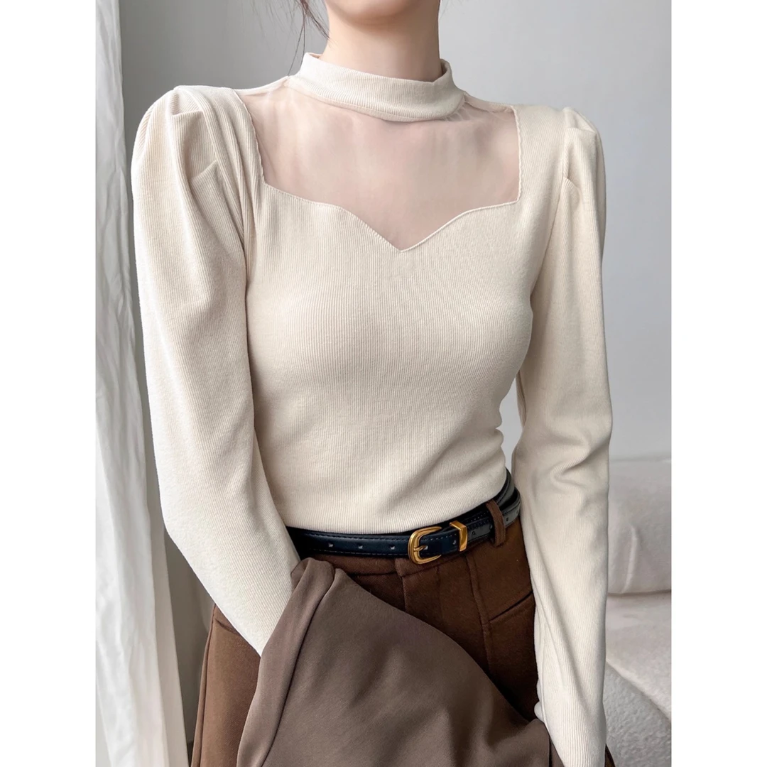 杏色半高领打底衫女内搭早秋网纱拼接长袖t恤设计感上衣2025新款