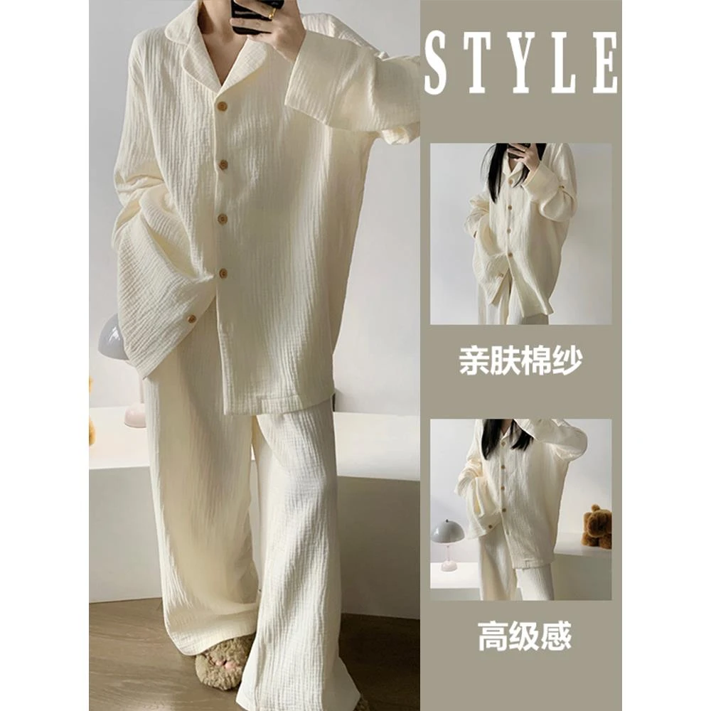 韩版小众睡衣女春秋季款柔软棉纱布家装大码外穿套装亲肤宽松时尚