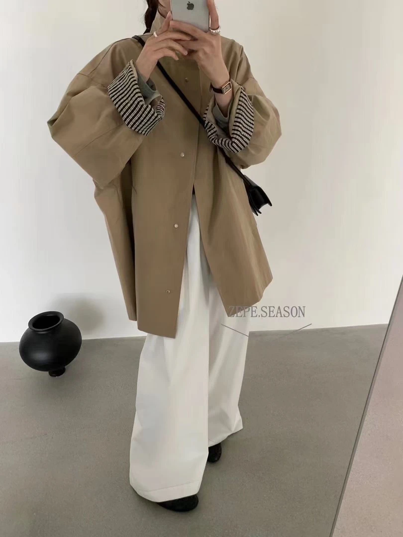 诺丁山下~ 高级经典撞色风衣外套廓形显7528