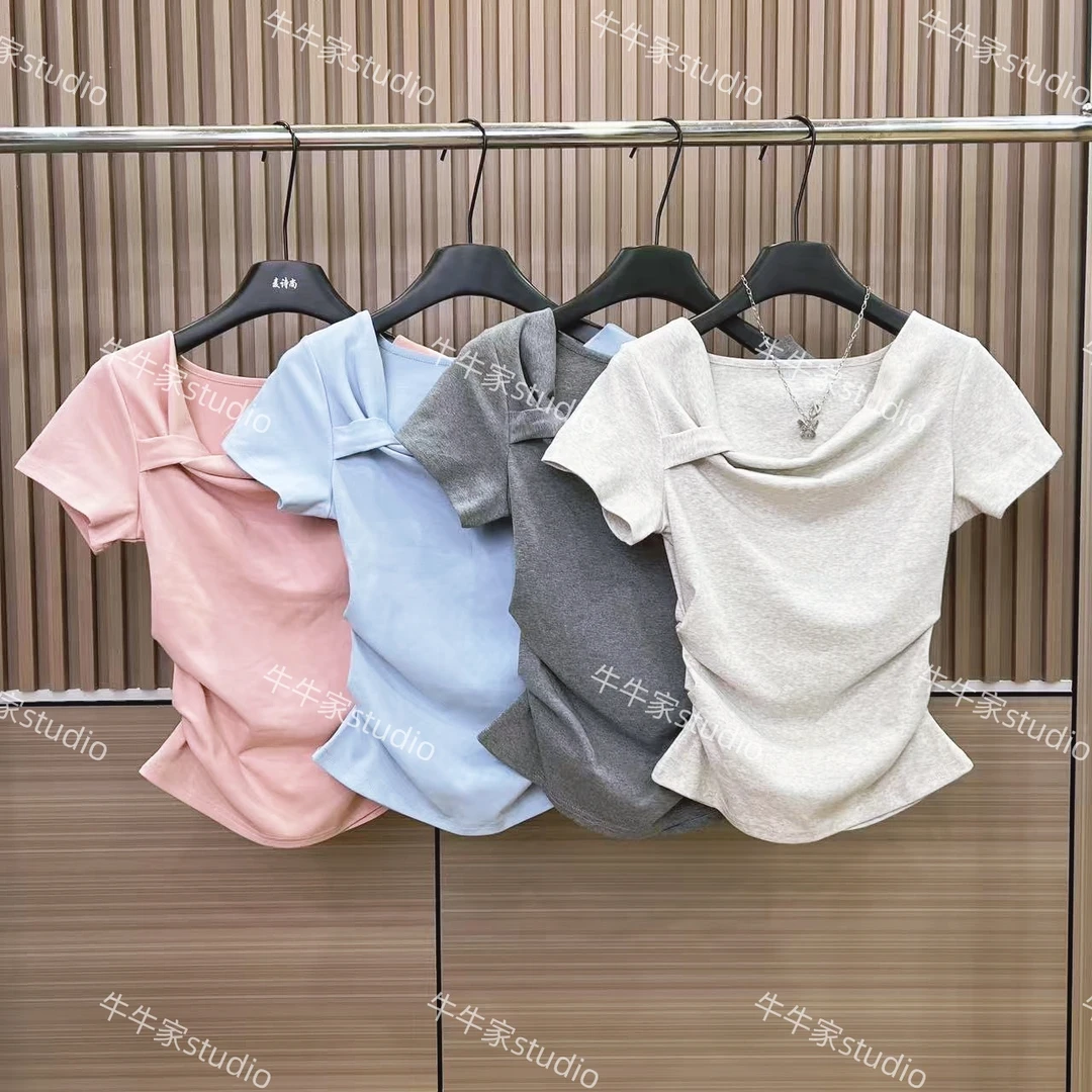 【荡领斜肩T恤】2025夏设计感减龄时髦气质显瘦收腰褶皱短袖上衣女