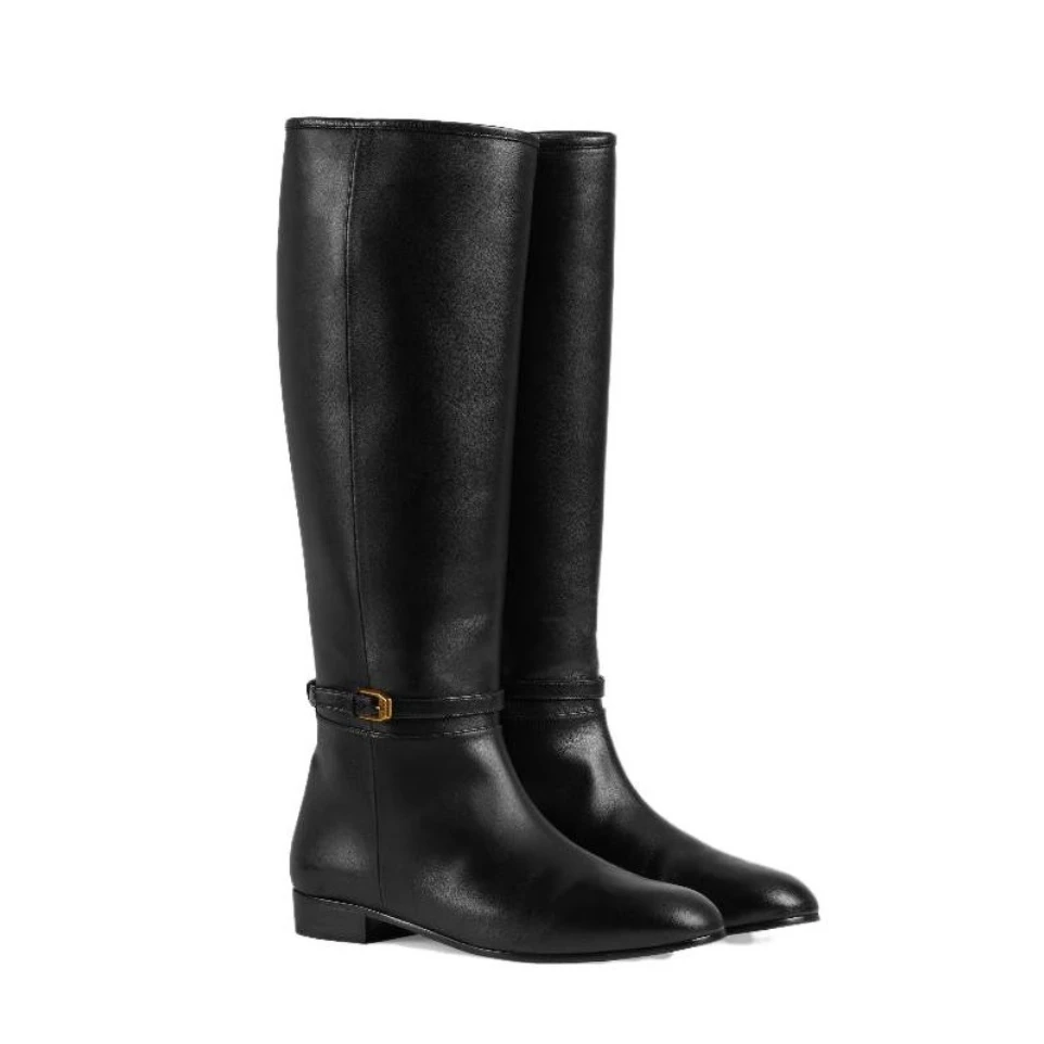 未使用 GUCCI/古驰 女款 黑色全皮面金属搭扣低跟高筒长靴 多尺码