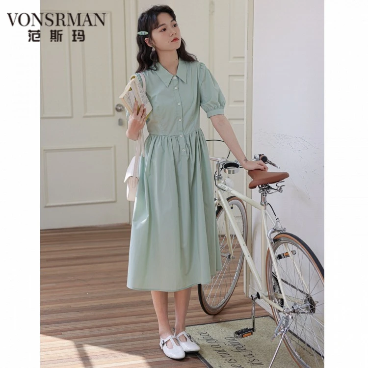 法式洋气减龄短袖A字衬衫裙女夏季新款小清新显瘦甜美气质连衣裙