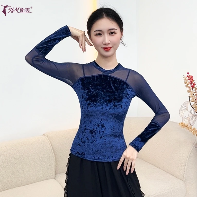 秋冬新款现代舞形体练功服金丝绒修身拼接圆领古典舞表演训练舞服