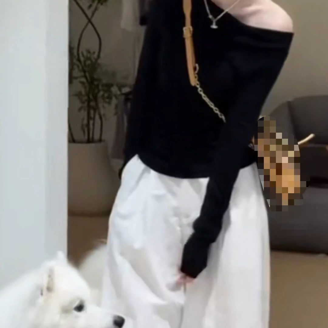 新款后背镂空长袖T恤上衣高腰显瘦直筒裤女装