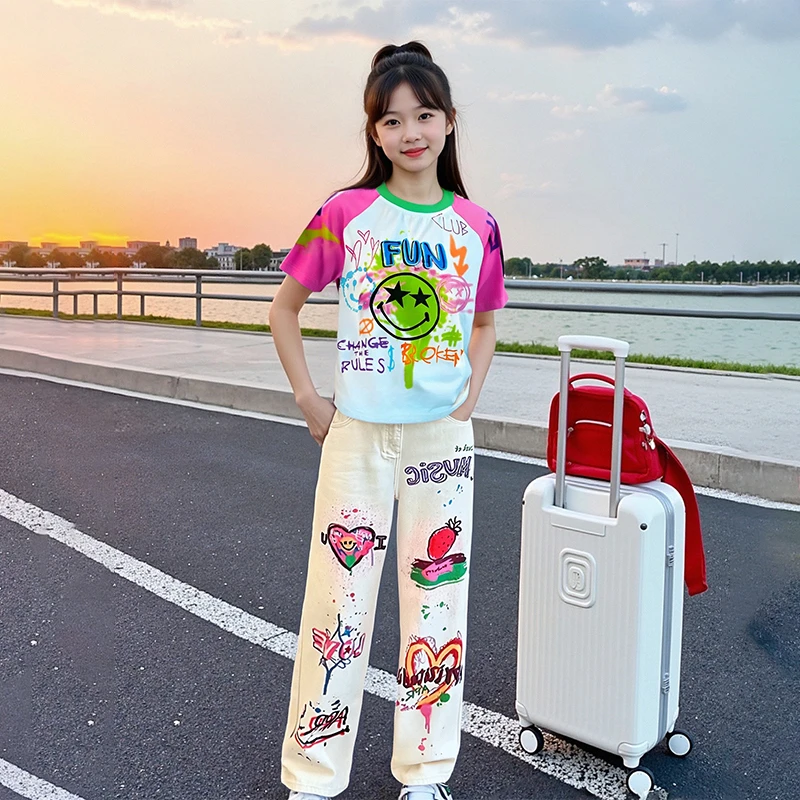 女童夏装短袖套装2025新款韩版洋气6-12岁15大童时髦阔腿裤两件套