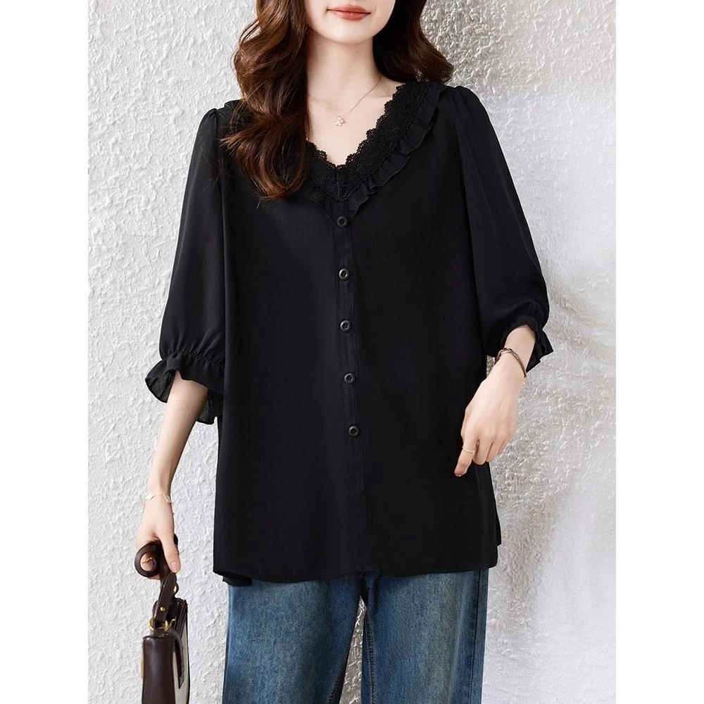 蕾丝拼接V领衬衫新款2025夏季新款宽松遮肉显瘦大码衬衣短袖上衣