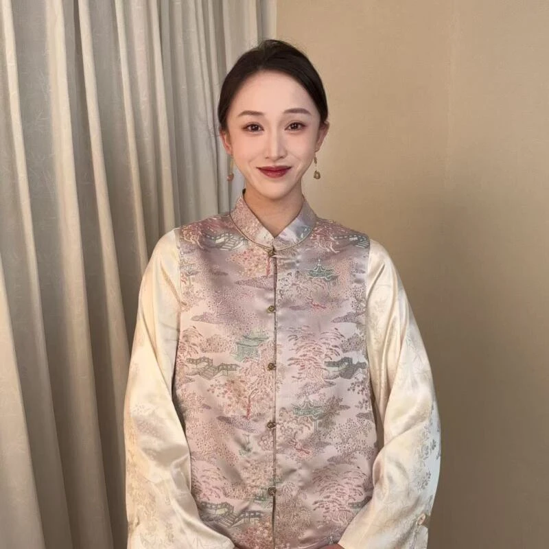 【亭台楼阁-粉】2025新中式双面穿国风织金宋锦马甲CE-150