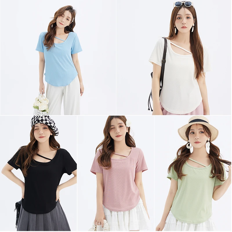 【涵胖胖】【青】大码夏季时尚百搭纯色显瘦修身短袖t恤 1125