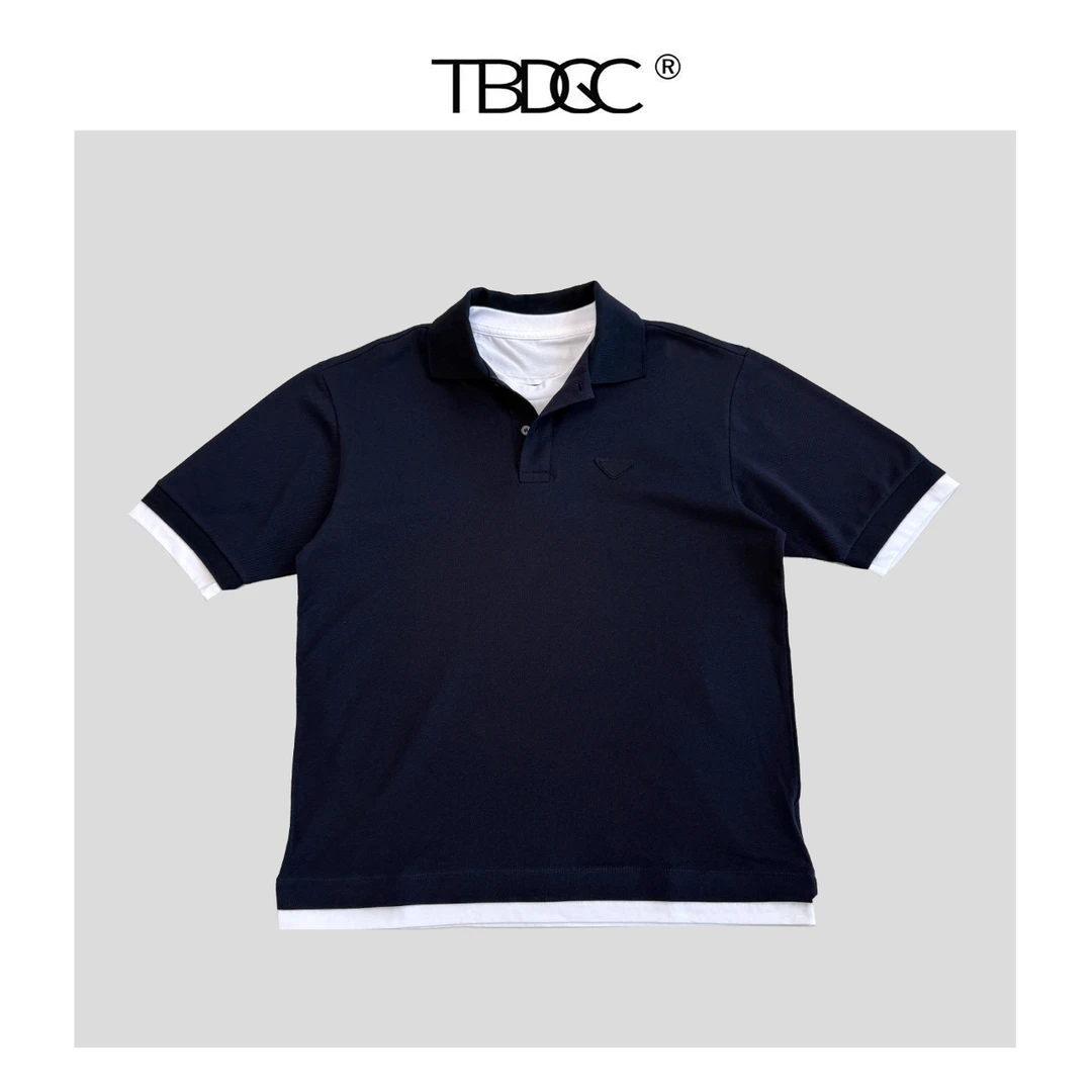 25春夏 男女同款简约风拼色假两件POLO短袖T恤