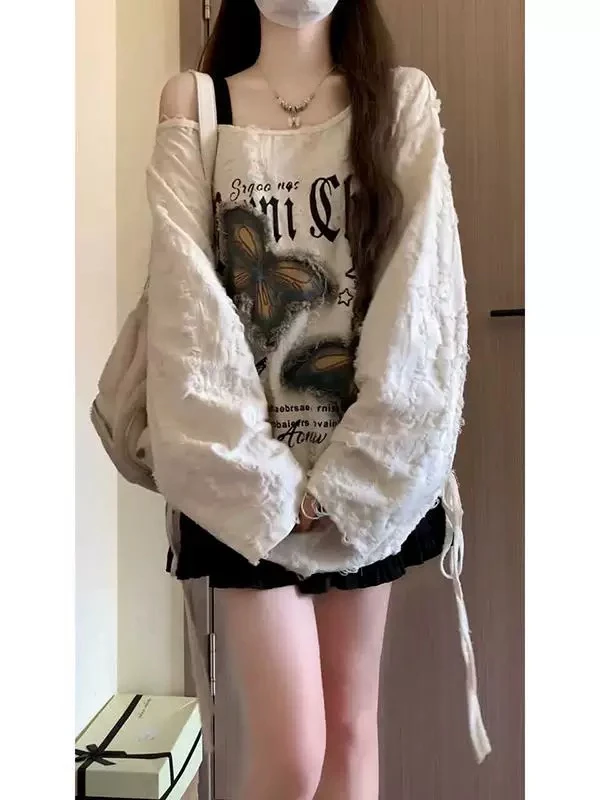 吕  波贴布防风不对称斜领做旧蝴蝶T恤贴布绣刺绣宽松型破洞长袖