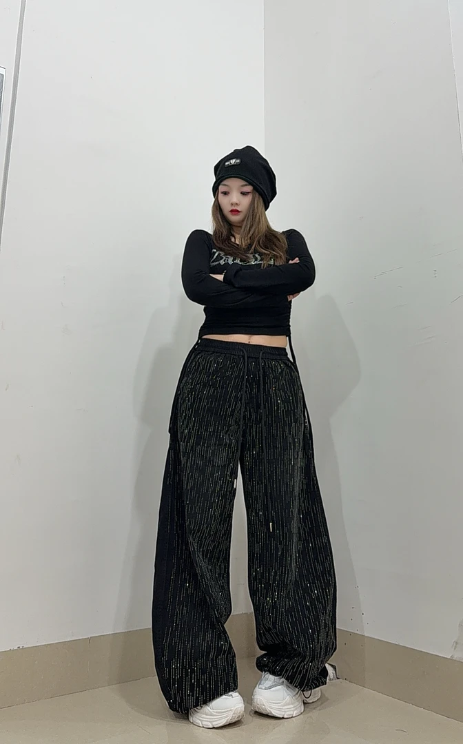 满钻阔腿裤休闲风渐变中腰时尚女黑色烫钻裤子2560-（BT）