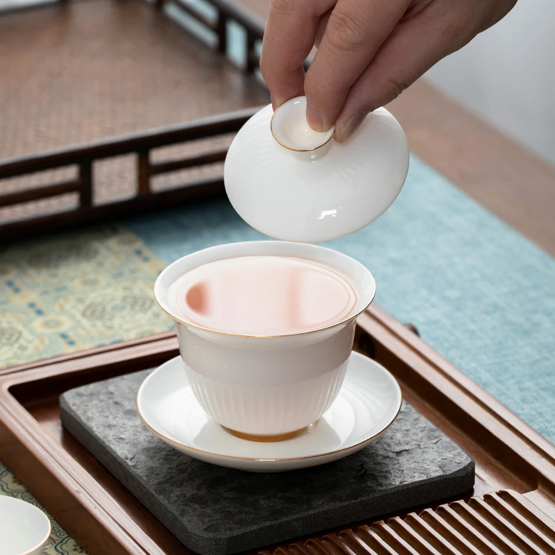 羊脂玉瓷茶具套装办公家用送礼佳品三才盖碗薄胎很透礼盒装白瓷