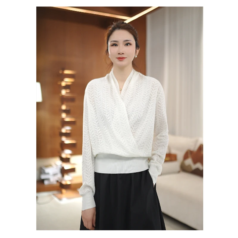 【春暖花开】早春新品温柔风V领长袖收腰显瘦白色针织衫女D25014
