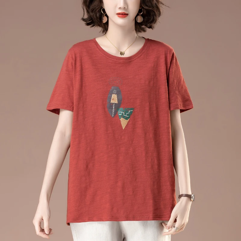 中年妈妈短袖T恤女夏季新款加肥加大码女装宽松印花全棉显瘦体恤