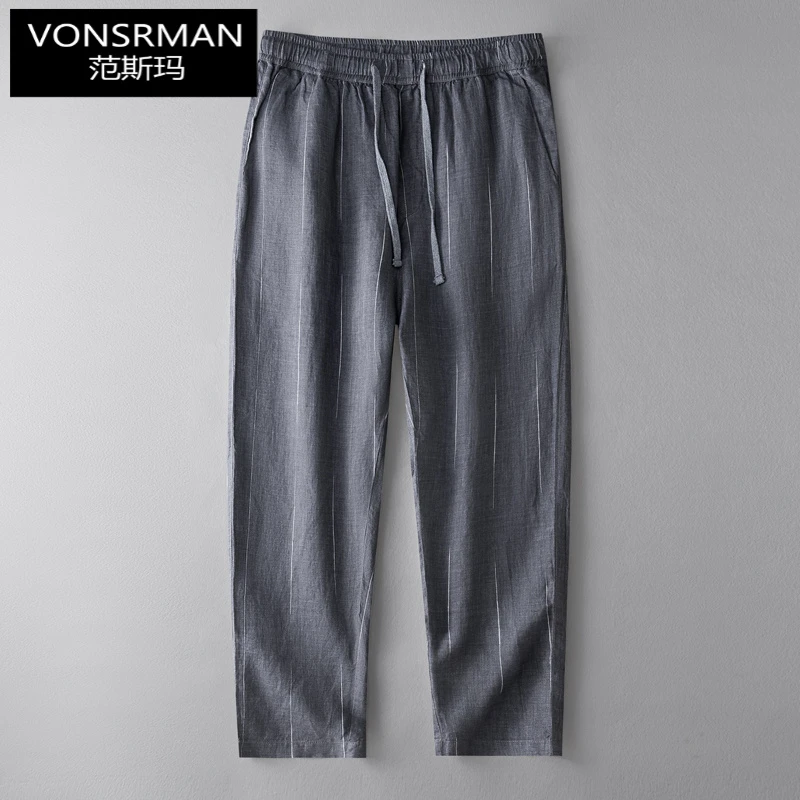 夏季条纹亚麻料九分裤子男士麻布棉麻裤休闲宽松直筒小脚89分裤