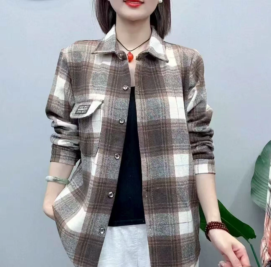 加厚衬衫女休闲宽松春秋中老年女装百搭时尚长袖格子衬衣开始外套