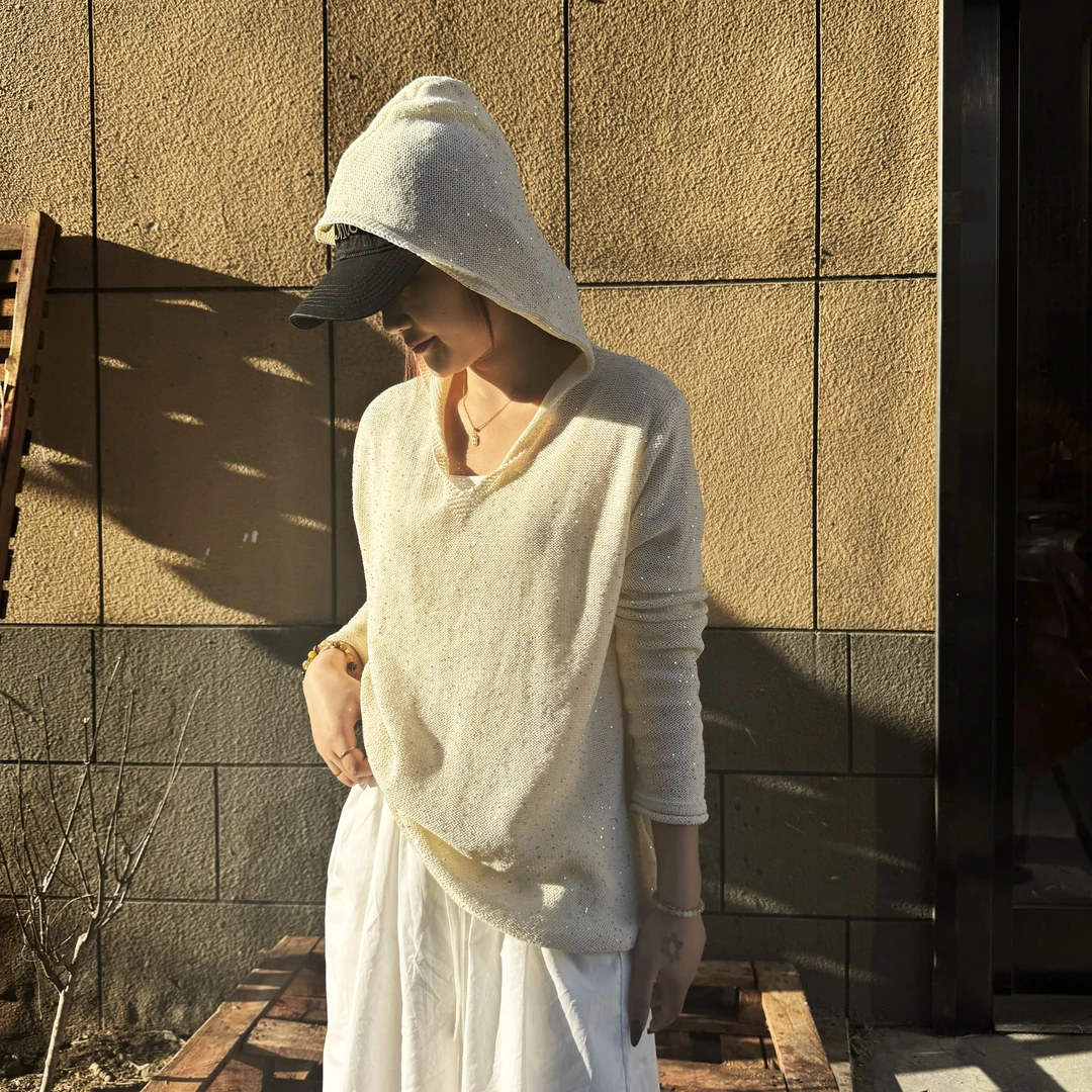 韩系风长袖春针织帽衫衫休闲圆领新款女装慵懒薄款宽松上衣