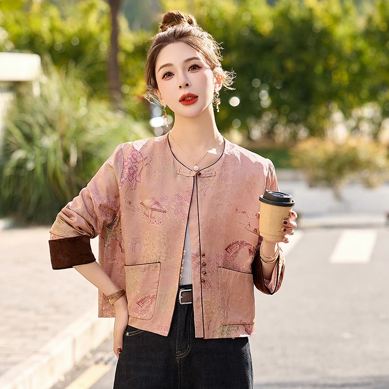 新中式圆领盘扣短外套女2025早秋新款小个子气质国风印花上衣时尚