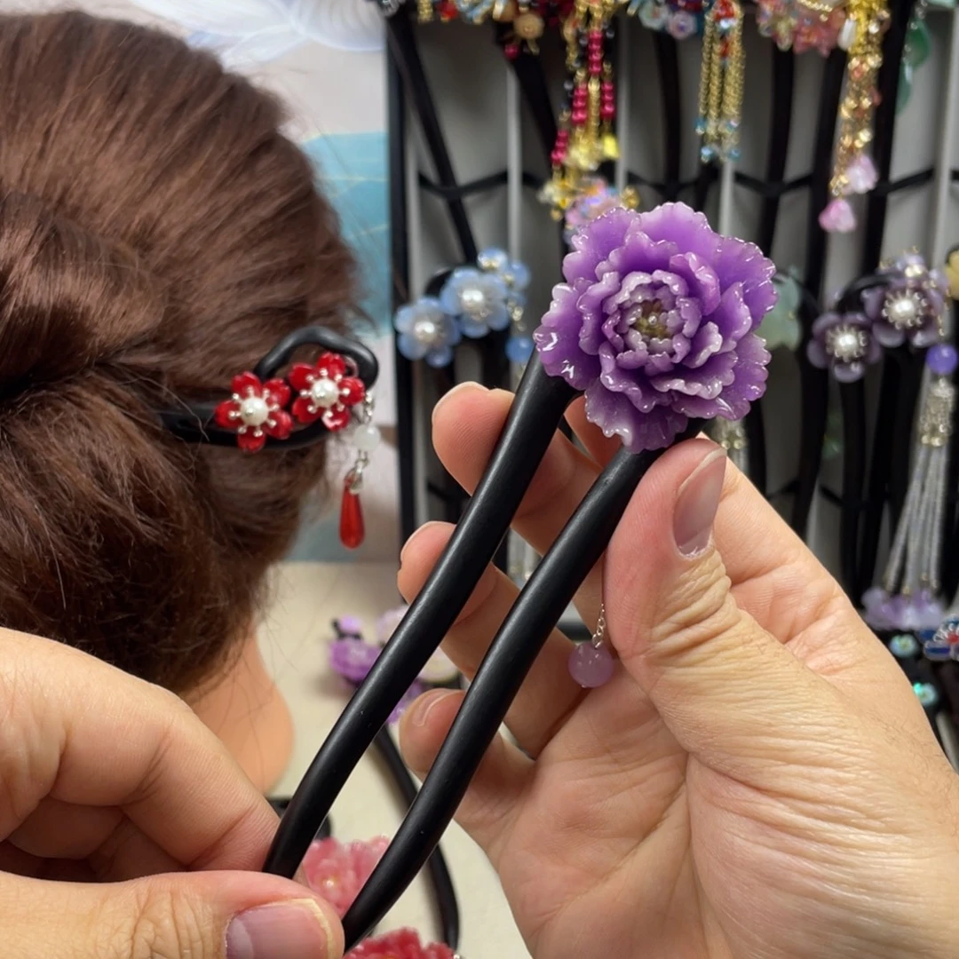 木质非金属15厘米黑檀木双钗紫色大牡丹花