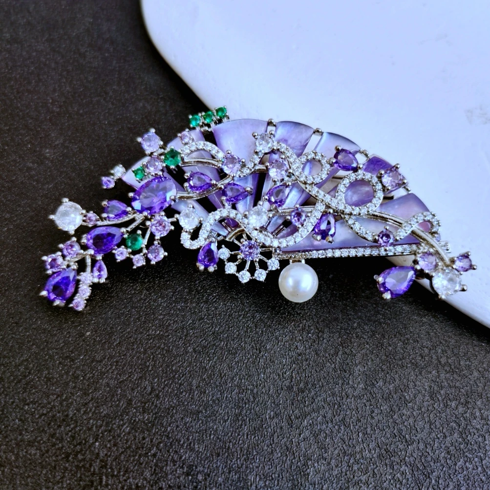 铜合金胸针 283 紫贝轻奢时尚款扇子胸针胸花