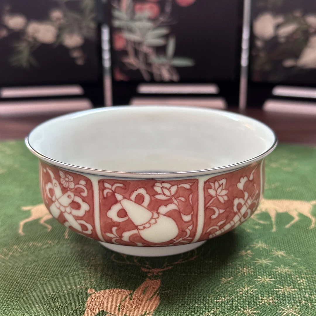 【雨溪山房】枢府釉青花朱彩吉祥八宝手工炉士杯主人杯YX384